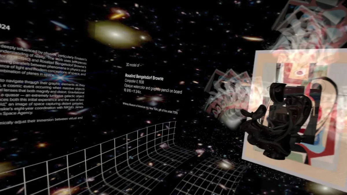 A still from Twin Quasar on Apple Vision Pro: a 3D model of Rosalind Bengelsdorf Browne's Compotier II among galaxies and a warped grid
