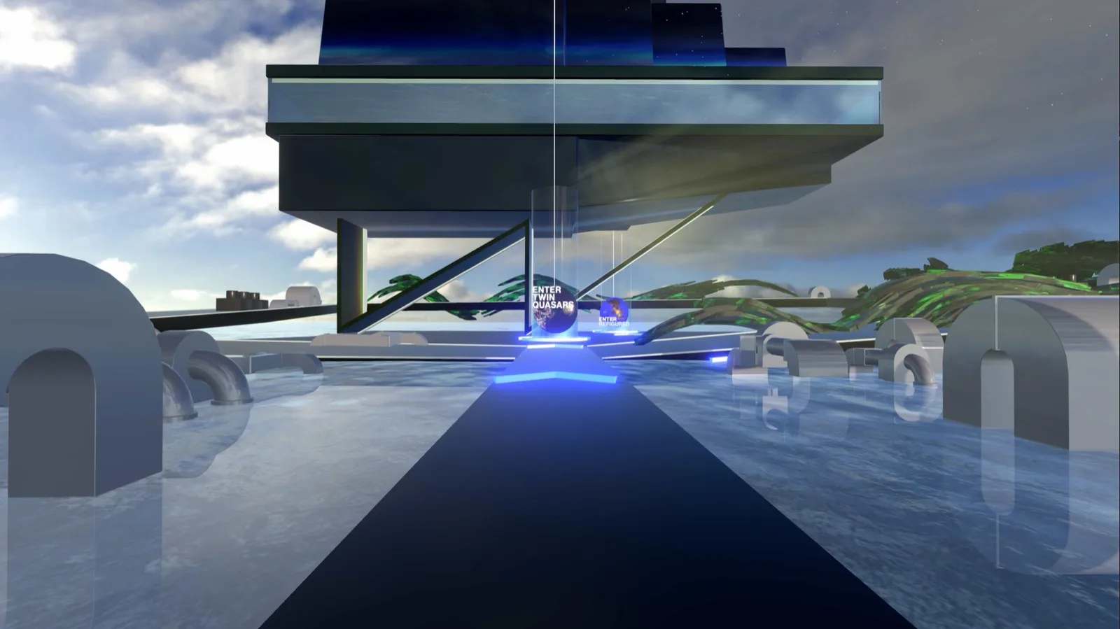 Render of the Whitney Museum Virtual Landscape lobby: a walkway over water leads to glowing portals labelled Enter Twin Quasars and Enter Refigured, beneath a floating museum building.